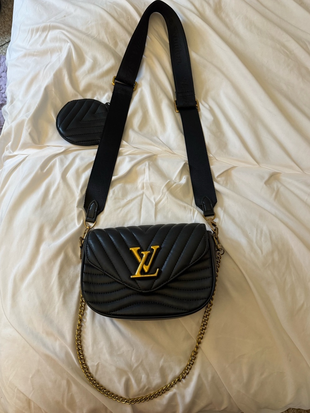 Black Quilted Crossbody with Gold Emblem